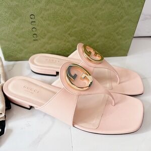 Gucci GG Blondie Logo Womens Thong Slip On Sandal Pink Leather EU 37 US 7 $995